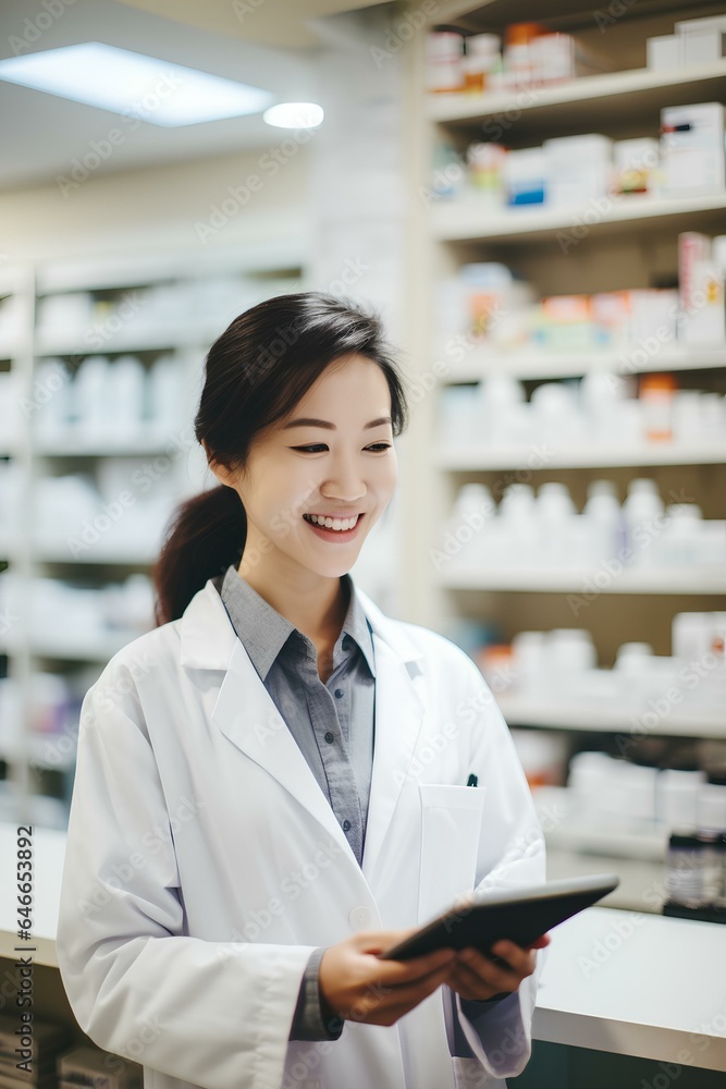 Asian female pharmacist using a tablet in a pharmacy. Inventory and quality control. generative AI Asian female pharmacist using a tablet in a pharmacy. Inventory and quality control. generative AI