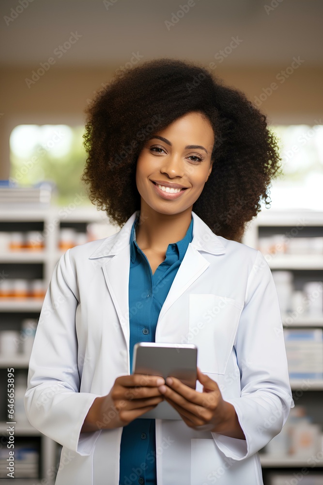 African american female pharmacist using a tablet in a pharmacy. Inventory and quality control. generative AI African american female pharmacist using a tablet in a pharmacy. Inventory and quality control. generative AI