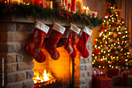 Christmas stockings hanging over a cosy fireplace on Christmas eve © ink drop