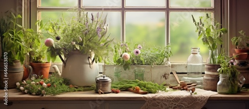 Cooking herbs in pots on windowsill with cutting board in the kitchen.