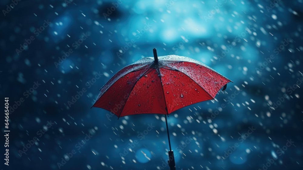 Raindrops splash on the red umbrella