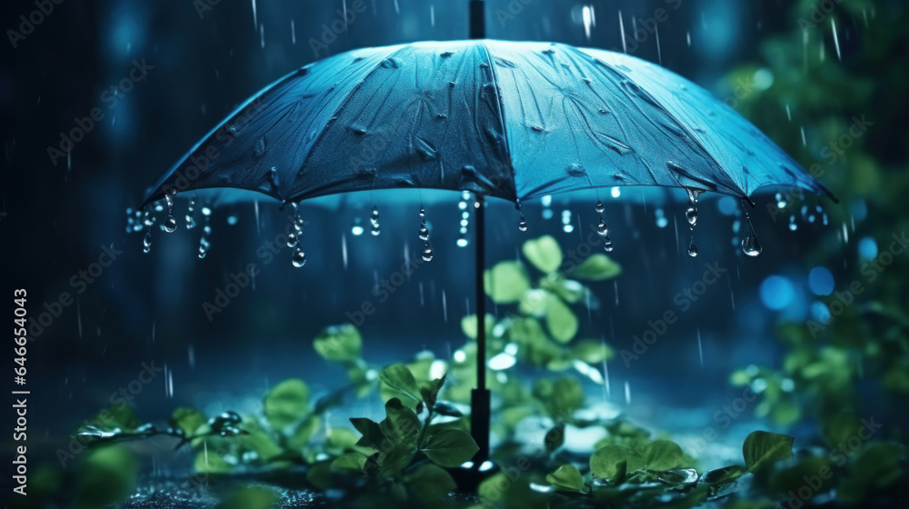 Raindrops splash on the umbrella