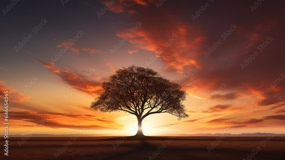 Tree silhouette stands tall against colorful evening sky