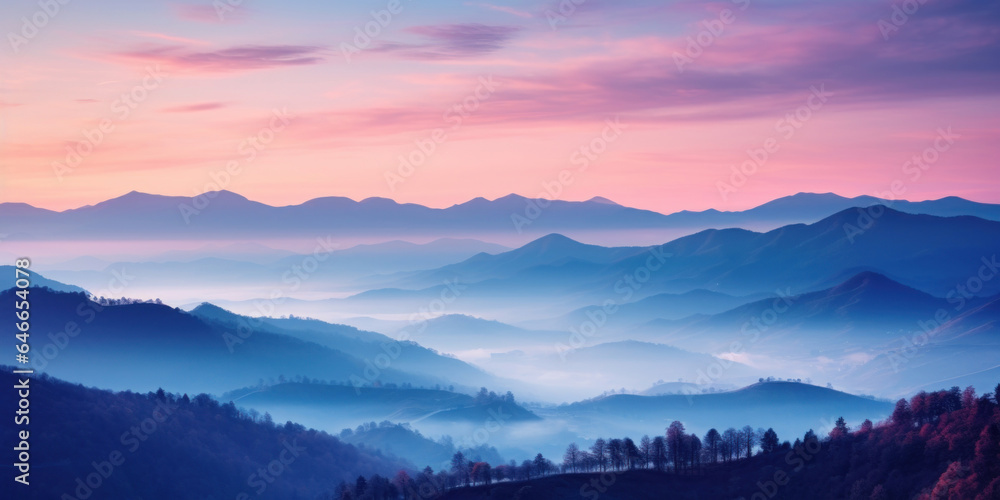 The mountains are shrouded in mist, and the last traces of daylight lend a tranquil, mystical quality to the scene. A twilight shot of autumn mountains under a fading pink and purple sky. The mountains are shrouded in mist, and the last traces of daylight lend a tranquil, mystical quality to the scene. A twilight shot of autumn mountains under a fading pink and purple sky.