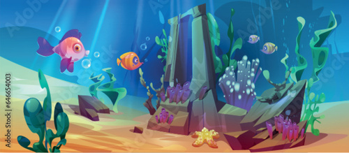 Ocean underwater boulder with fish vector background. Deep sea under water reef life with animal and seaweed plant. Tropical aquatic habitat wildlife drawing environment. aquarium ecosystem landscape