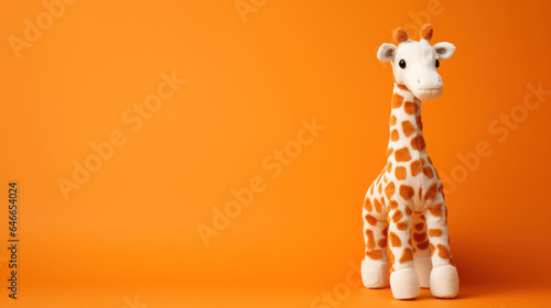 Toy giraffe peluche on pale dark orange background