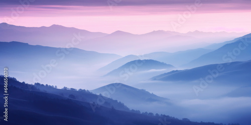 The mountains are shrouded in mist, and the last traces of daylight lend a tranquil, mystical quality to the scene. A twilight shot of autumn mountains under a fading pink and purple sky. © tashechka
