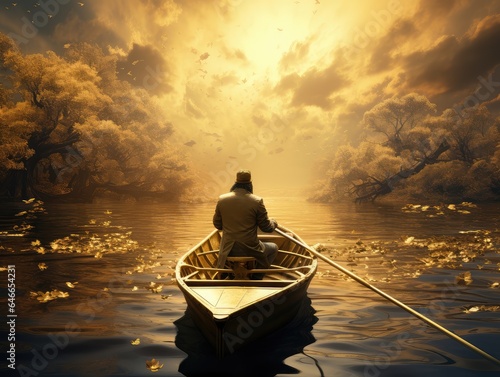 silhouette of a person in a boat gold colors illustration