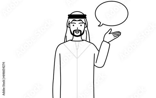 ふきだしつき、案内をするイスラムの男性