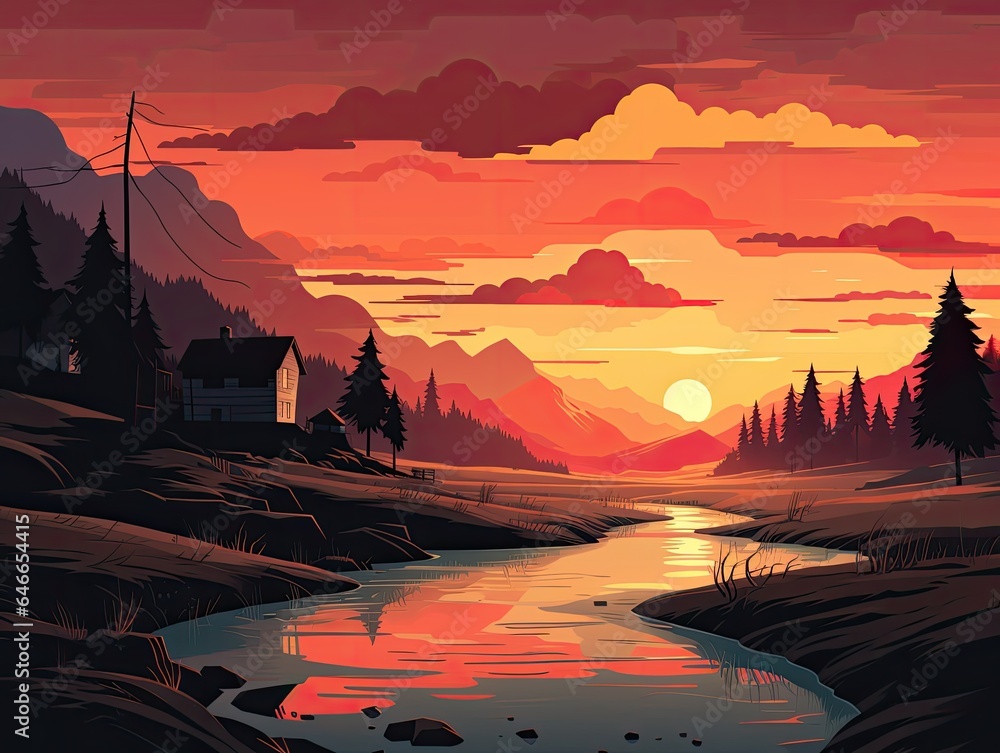 sunset over the river, landscape art illustration