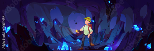 Man looking for crystal treasure inside mine cave cartoon background. Male character explorer underground. Tourist guy in dark fantasy grotto place with gem quartz stone. Under ground canyon tunnel