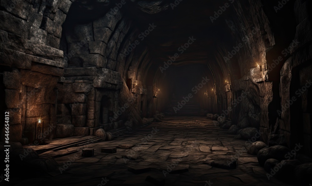 Capture the eerie atmosphere of an ancient underground dungeon in a striking photograph.