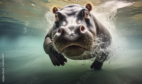 Explore the hidden world beneath the surface with an underwater photograph of a majestic hippopotamus. © uhdenis