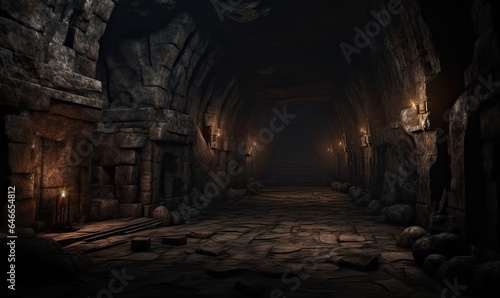 Capture the eerie atmosphere of an ancient underground dungeon in a striking photograph.