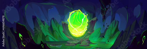 Magic stone portal in cave with green lake. Vector cartoon illustration of toxic substance inside mountain, fantasy portal with neon crystal glowing between rocky walls, adventure game background