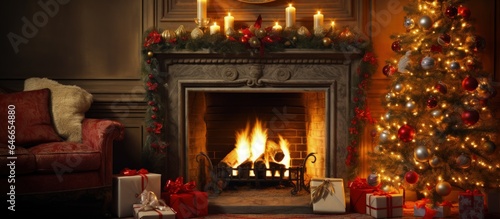 Festive living room with a decorated tree  presents  and a fireplace. Festive decor and card.