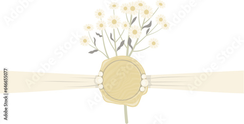 Yellow wax stamp with dried white flowers and pearls attached on white ribbon