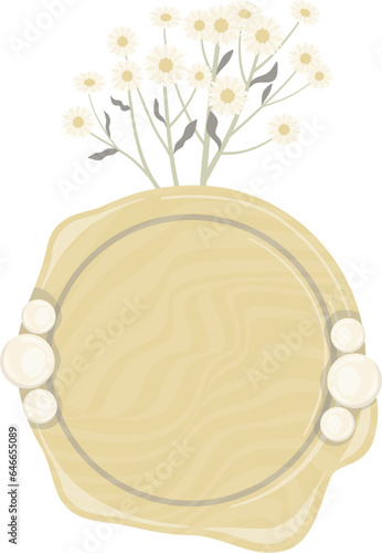Yellow wax stamp with dried white flowers and pearls attached