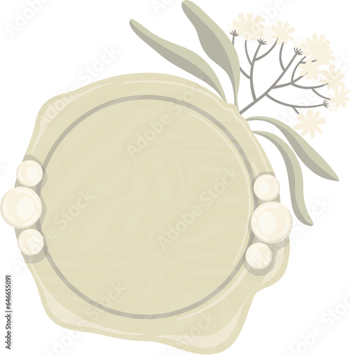 Olive wax stamp with dried white flowers and pearls attached