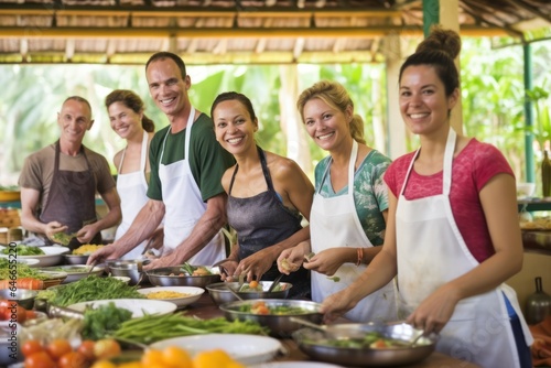 Smiling friends learn Thai cooking, prep vegetables, enjoy meal, culinary class. Concept of culinary education and teamwork.