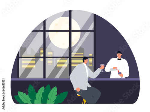 Nightlife flat vector illustration. A man was sitting at the bar. A man drinking at the nightclub
