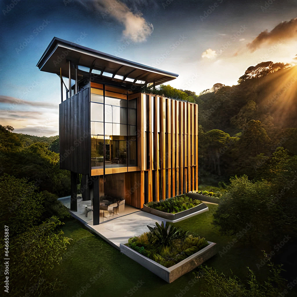 eco - friendly two story building nestled in a lush tropical rainforest ...