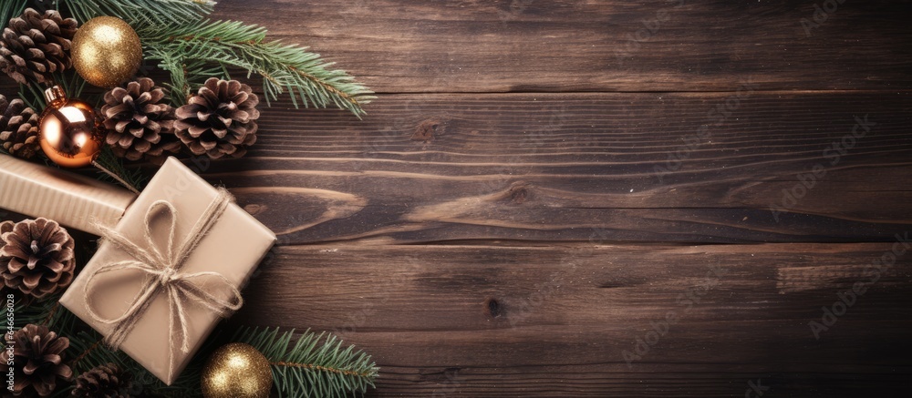 Christmas composition featuring fir branches, cones, gift boxes on wooden background. Top view. Christmas composition featuring fir branches, cones, gift boxes on wooden background. Top view.