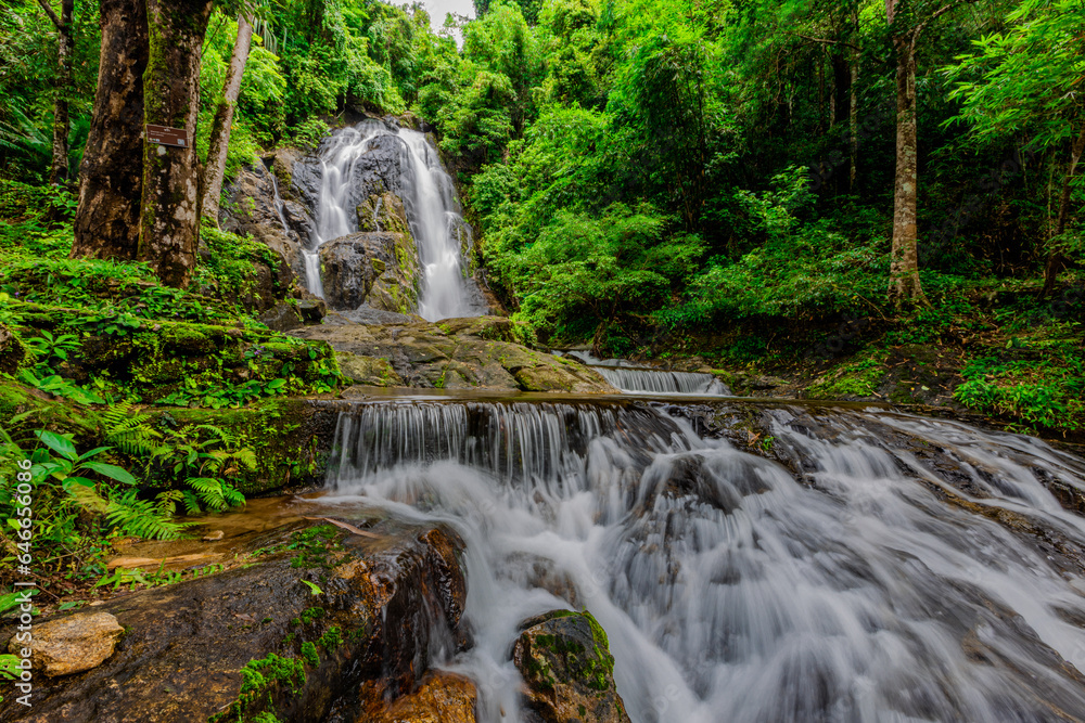 Fototapeta premium Background of a natural waterfall with cool water flowing from high mountains, Punyaban Waterfall Lamnam Kraburi National Park in Ranong Province, Thailand