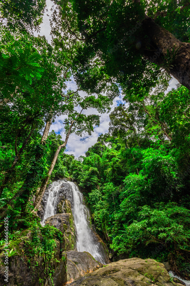 Background of a natural waterfall with cool water flowing from high mountains, Punyaban Waterfall Lamnam Kraburi National Park in Ranong Province, Thailand Background of a natural waterfall with cool water flowing from high mountains, Punyaban Waterfall Lamnam Kraburi National Park in Ranong Province, Thailand