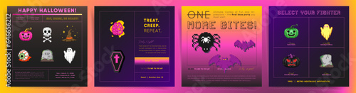 Halloween Pixel Art Square Cards Covers Set. 8bit 80s Video Game Style Posters for Halloween Decorations, Party Events, Invites and Print Illustration Concepts.
