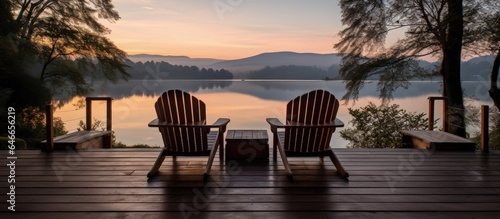 Lake views at sunset from wooden chairs on the deck. photo