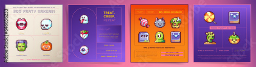 Pixel Art 8bit Halloween Cards, Y2k Holiday Decorations. Retro Aesthetic set of Video Game Style Design Templates with retro Sweet Treats, Spooky Ghosts and Zombies. For posters, prints, stickers.
