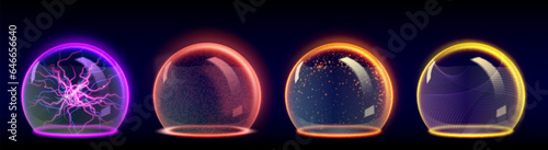 Neon sphere protect shield with various textures and glow. Realistic 3d vector of luminous security ball with transparency effect. Round cover dome with force field or power energy barrier.