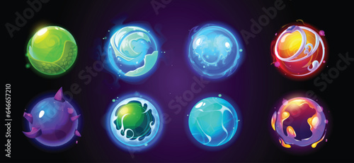 Magic fortune ball with light energy glow vector. Mystery future teller cartoon icon set. Magician fantasy clairvoyant globe with fire power. Reading prophecy prediction witchcraft game illustration.