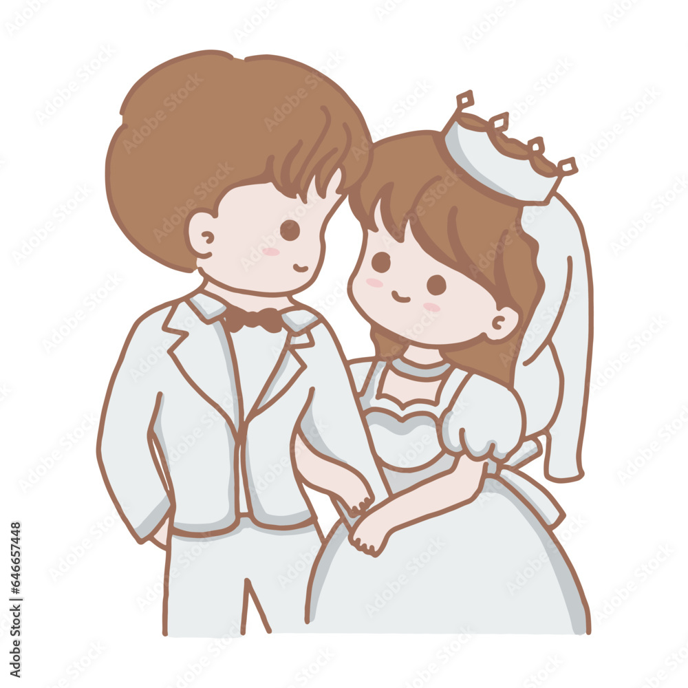 wedding couple cute and simple flat cartoon style.