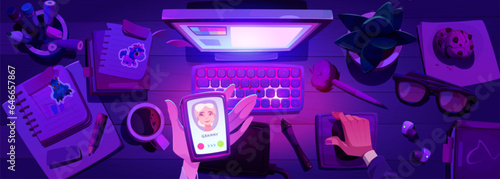 Late night work office table with computer and calling granny on mobile phone vector illustration. Busy employee woman overworked in evening. Deadline pressure management concept and desktop top view