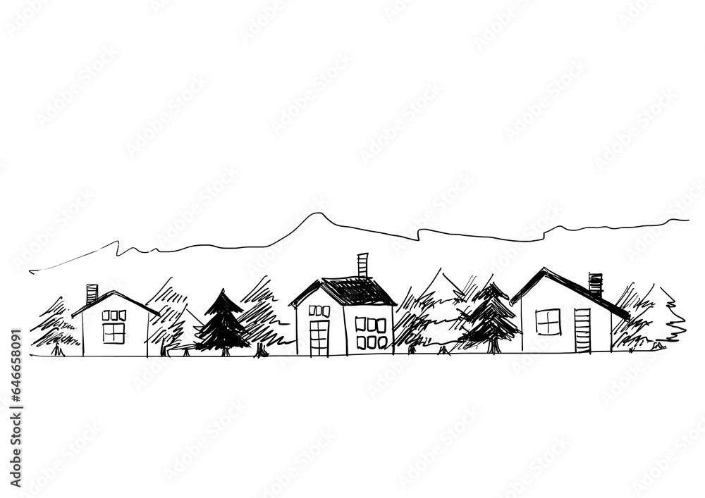 白黒イラスト　山と森と家　かわいい小さな町　村　手描きイラスト　ほっこり