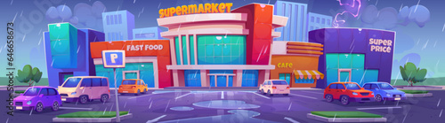Rain on parking lot with autos near supermarket. Vector cartoon illustration of large shopping mall building with fast food restaurant, cafe entrances, lightning in cloudy sky, water puddles on ground