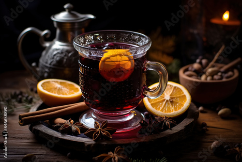 Mulled red wine boiled with spices, winter warming drink in glass with ingredients and kettle indoors