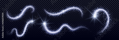 White magic dust with light effect vector set. Glitter spray fairy overlay with spark glow. Fantasy silver wizard wand spell trail. Ice trace line with shimmer powder. Snow twinkle wave illustration