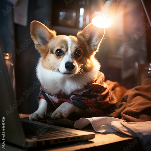 Cute corgi dog looking into computer laptop working in glasses and shirt. Made with generative ai