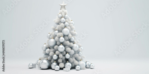 Whimsical and beautiful Christmas tree with decor in white and silver tones. photo
