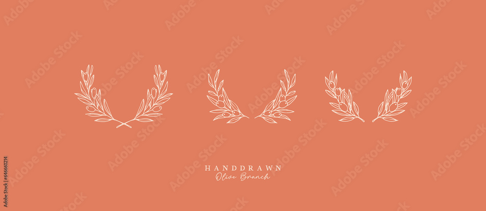 Olive Branch for olive oil logo or olive icon, hand drawn olive branch botanical herbs elements in vector format, floral olive frame and floral wreath
Olive Branch for olive oil logo or olive icon, hand drawn olive branch botanical herbs elements in vector format, floral olive frame and floral wreath