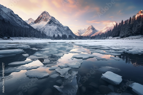 Beautiful winter landscape of frozen lake with ice breaks. Panoramic winter background.