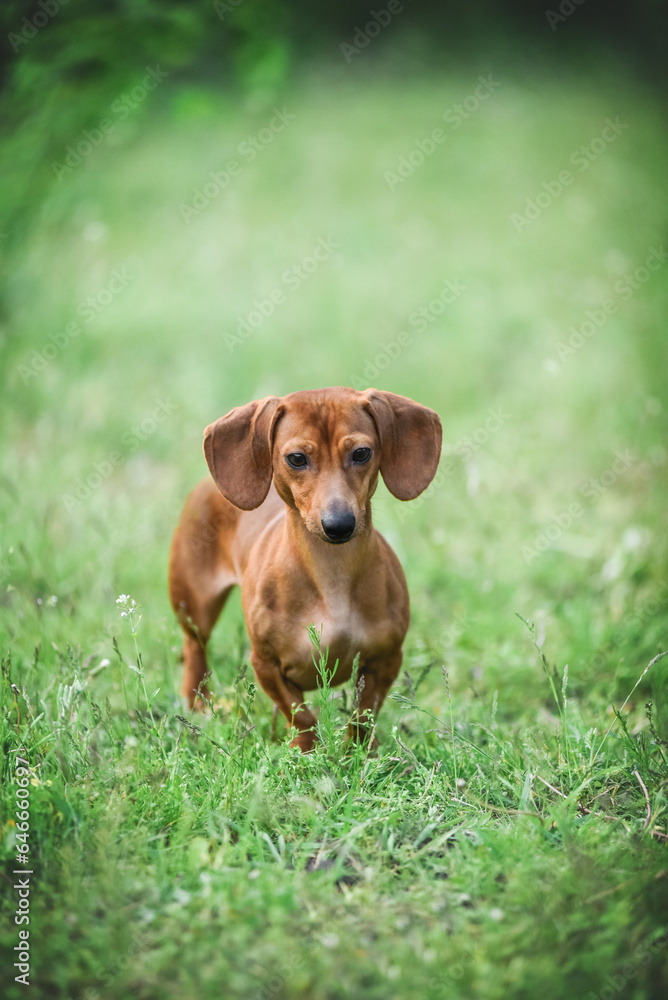 little red dachshund on a walk in the park in spring little red dachshund on a walk in the park in spring
