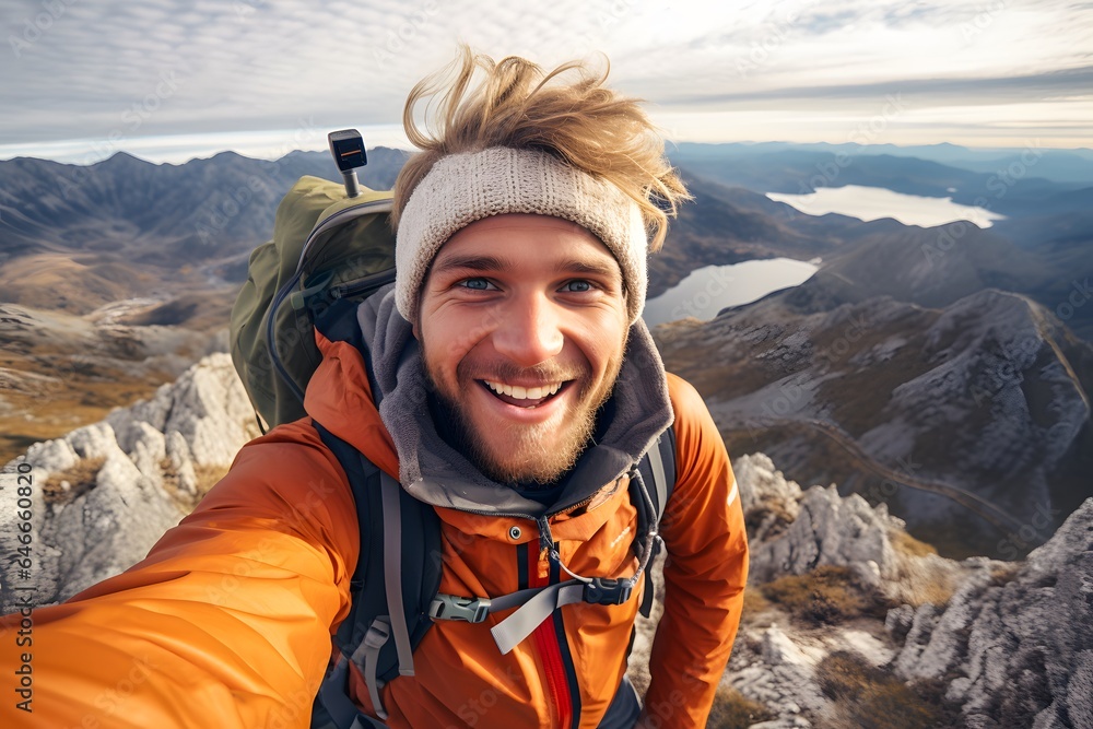 Young hiker man taking selfie portrait on the top of mountain Young hiker man taking selfie portrait on the top of mountain