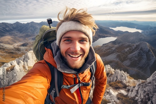 Young hiker man taking selfie portrait on the top of mountain