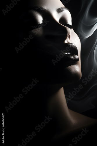 weibliches Beauty Model in sinnlicher Pose mit Rauch und Nebel. Low Key Portrait bei dramatischem Licht. Hochkant. Generative Ai. © Michael
