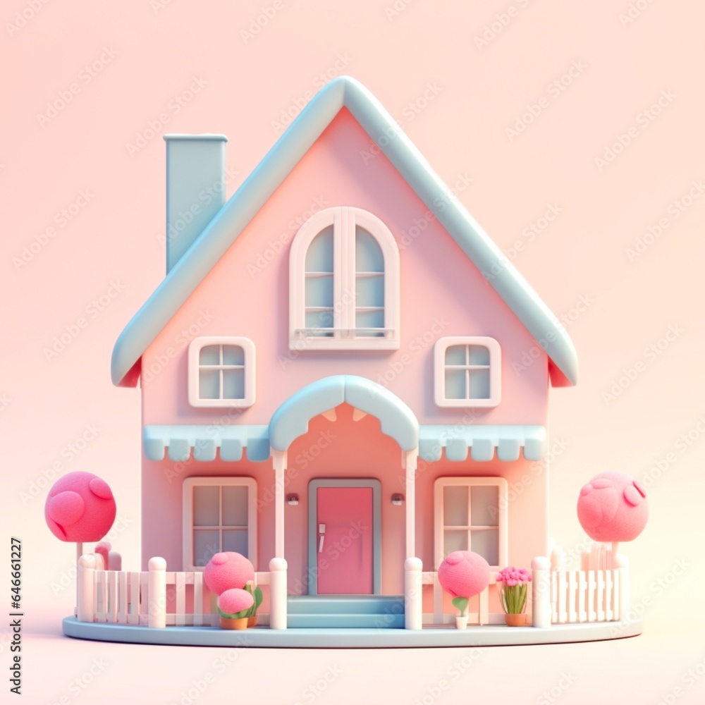 3d rendering of a two-story house in pastel color.