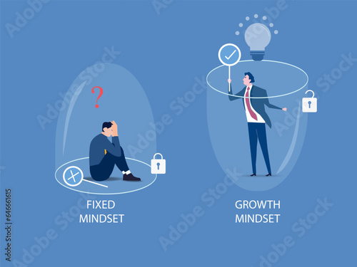 Two businessman different thinking between Fixed Mindset vs Growth Mindset success concept.  vector illustration.